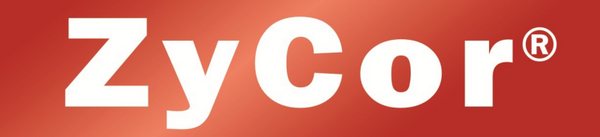 ZyCor logo in white against a red background